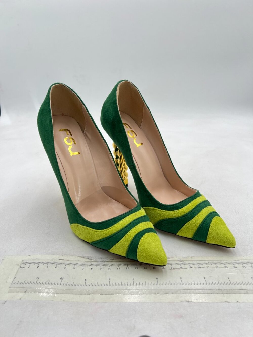 FSJ Green-rainbow Gold Metal Chain Chunky High Heel Pointed Toe Slip On Pumps - Picture 4 of 8
